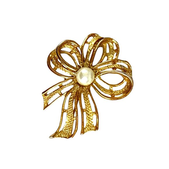 Vintage Gold Tone Bow Brooch with Faux Pearl Center 2” Elegant Pin - Picture 5 of 6